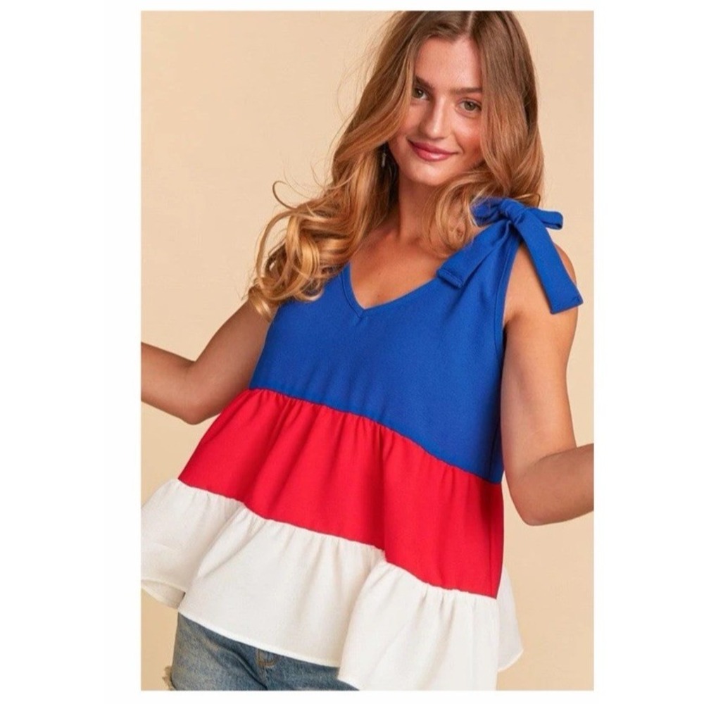 Haptics By Holly Harper Tiered Babydoll Tank Top Blouse 3X Red White Blue Chic